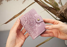 Візитниця шкіряна жіноча лілова з тисненням Квітучий Сад | Шкіряний картхолдер