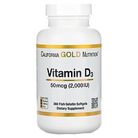 Вітамін D3, California Gold Nutrition, 50 мкг 2000 МО, 360 рибно-желатинових капсул