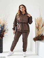 Костюм брючный прогулочный стильный вельветовый со вставками из эко кожи куртка и брюки больших размеров 50-60