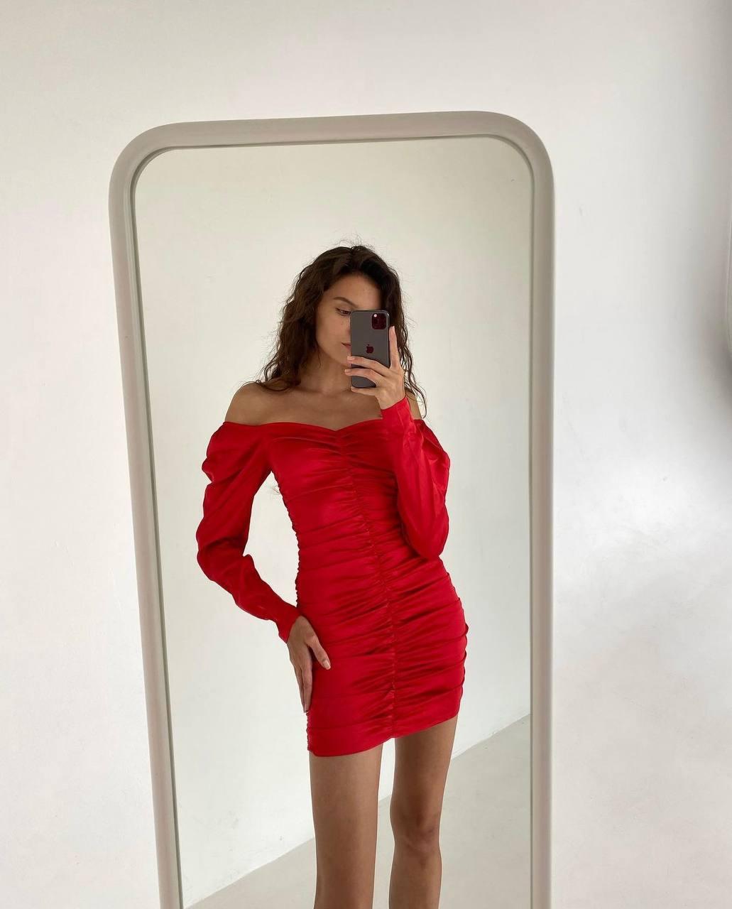 Женское стильное базовое мини шелковое вечернее платье длинным рукавом шелк армани на затяжках Красный, 42/44 - фото 3 - id-p2027349055