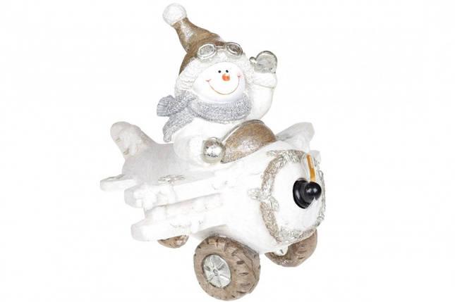 Фігура декоративна новорічна Сніговик у білому літаку 37 см з LED-підсвіткою "SNOWMAN ON A PLANE", фото 1