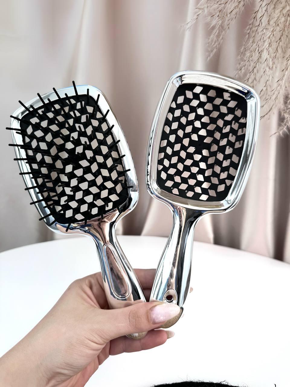 Гребінець хромований для волосся "Super Brush" Срібний з чорним у пакеті, фото 1