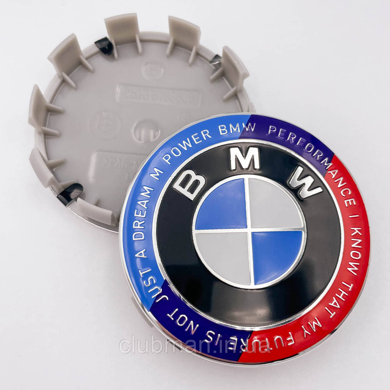Ковпачки (заглушки) в литі диски Ювілейні 50 років BMW (БМВ) Motorsport (напис по колу) Триколор 68 мм