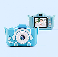 Детский цифровой фотоаппарат с селфи камерой Children's fun Camera фотокамера с играми и чехлом голубой