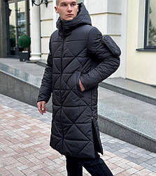 Куртка-пальто чоловіча зимова довга з капюшоном. Зимовий куртка чоловіча парка тепла чорна. Живе фото