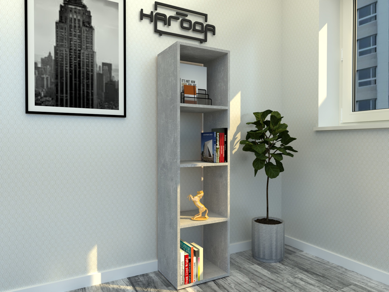 Стелаж для дому, стоїть, підвісна полиця з ДСП 4 відкритих відсіку, СТ-1х4 колір Бетон