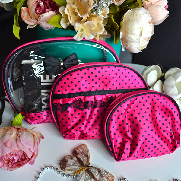💖Жіноча косметичка на блискавці, набір 3в1, Рожева в горошок, фото 1