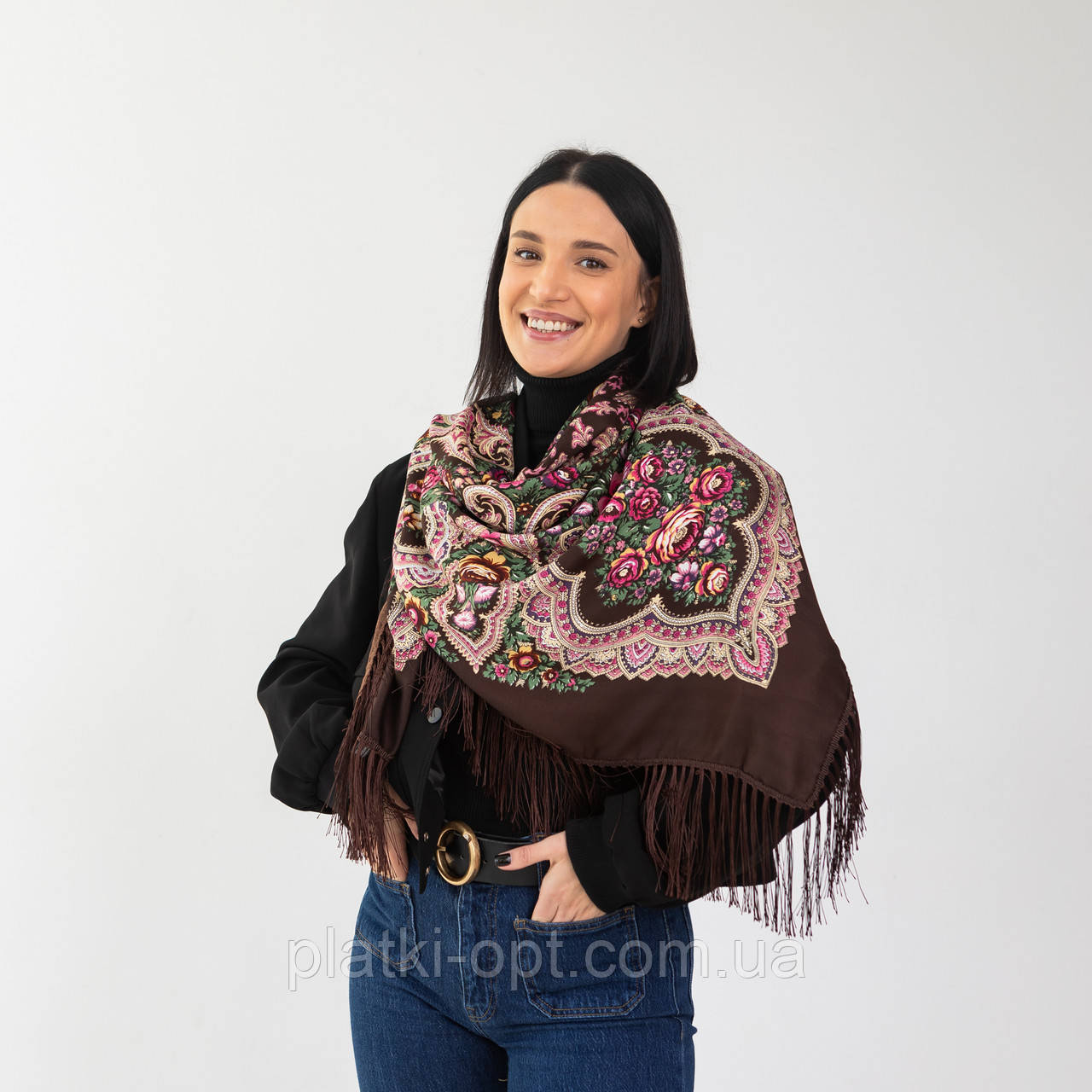 Хустка українська з тороками "Півонія" 110х110 см (коричнева), фото 1