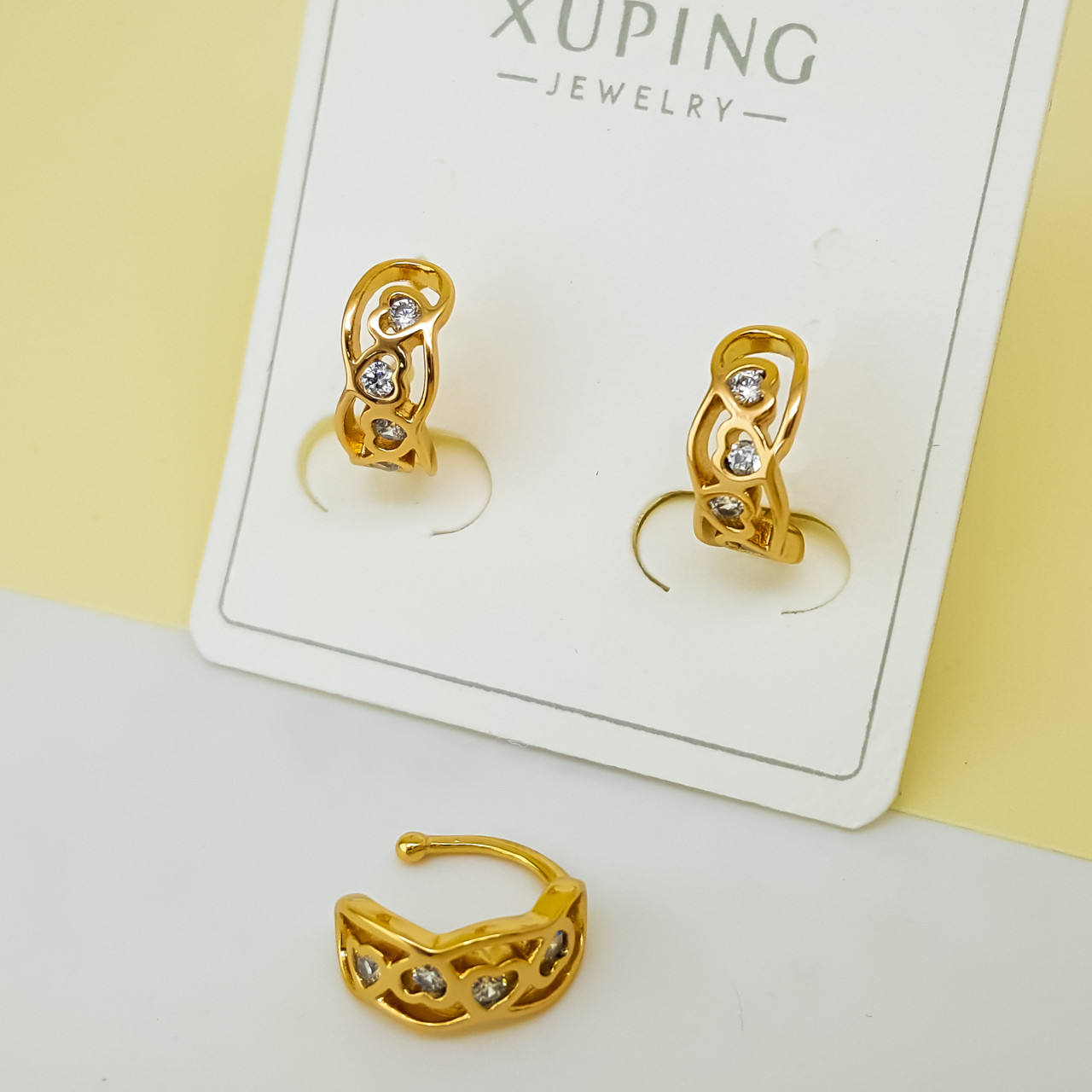 Сережки Каффи, "Серця" з цирконієм, медичне золото Xuping 18К