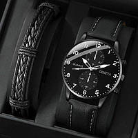 Набор мужской кварцевые наручные часы круглые и кожаный браслет черный