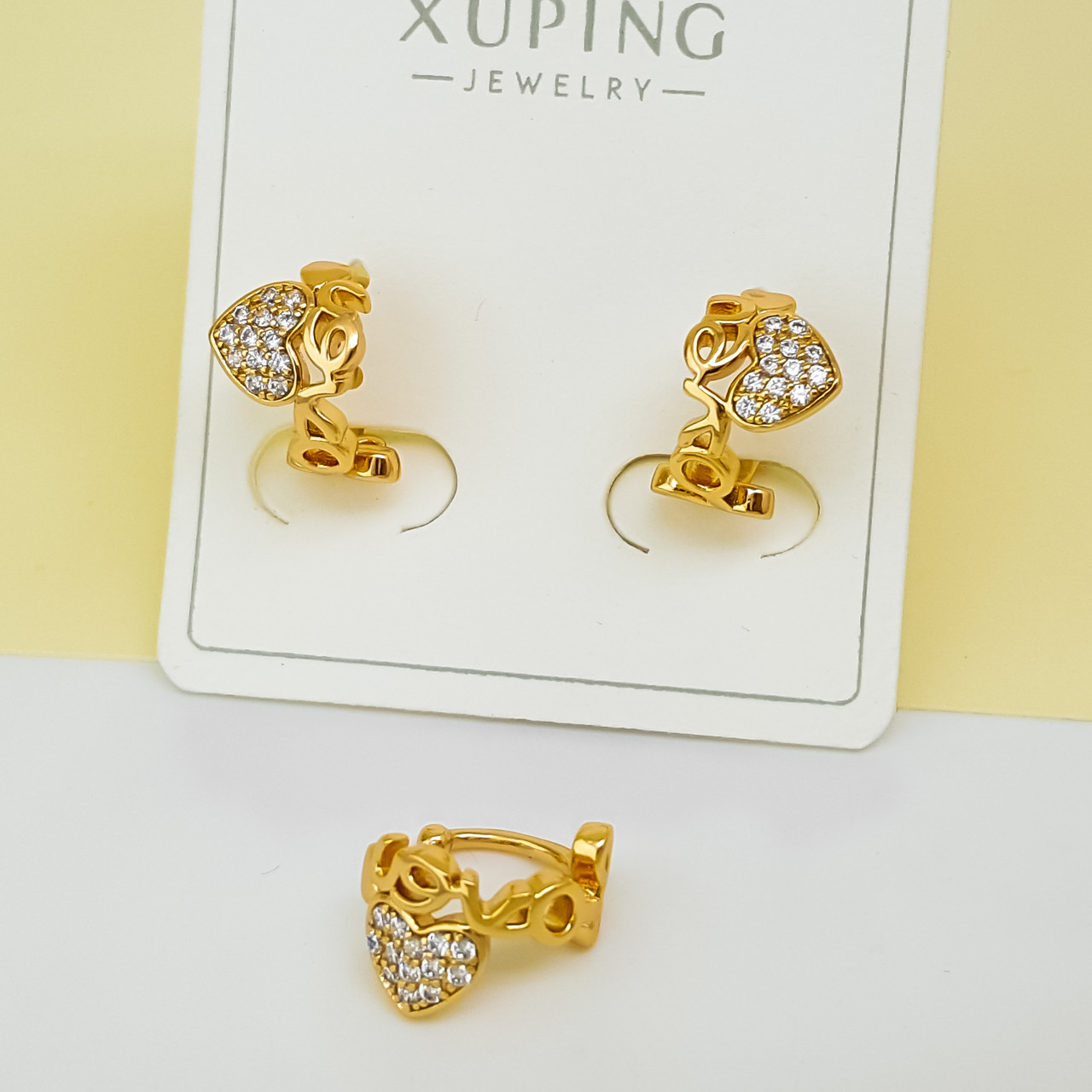 Сережки Каффи "Love і Серце" в розсипі каміння, медичне золото Xuping 18К