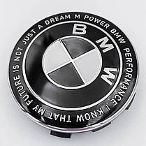 Ковпачки (заглушки) в литі диски Ювілейні 50 років BMW (БМВ) Motorsport (напис по колу) Чорно-Білі 68 мм, фото 5