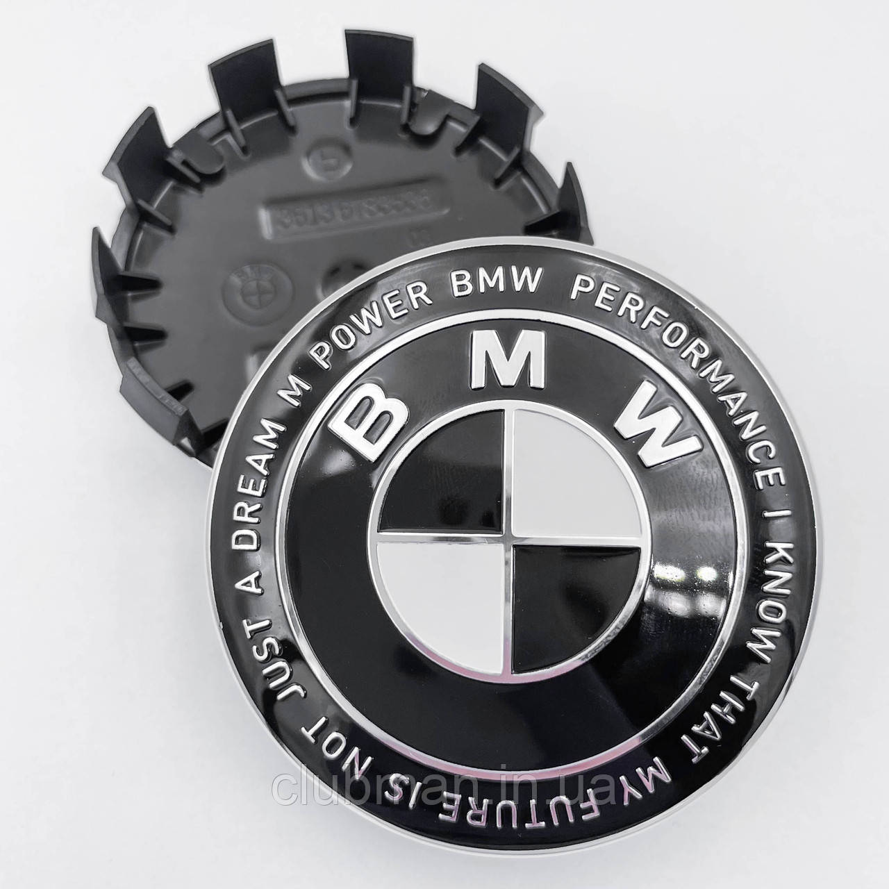 Ковпачки (заглушки) в литі диски Ювілейні 50 років BMW (БМВ) Motorsport (напис по колу) Чорно-Білі 68 мм