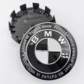 Ковпачки (заглушки) в литі диски Ювілейні 50 років BMW (БМВ) Motorsport (напис по колу) Чорно-Білі 68 мм