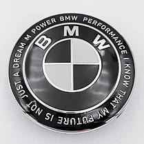 Ковпачки (заглушки) в литі диски Ювілейні 50 років BMW (БМВ) Motorsport (напис по колу) Чорно-Білі 68 мм, фото 4