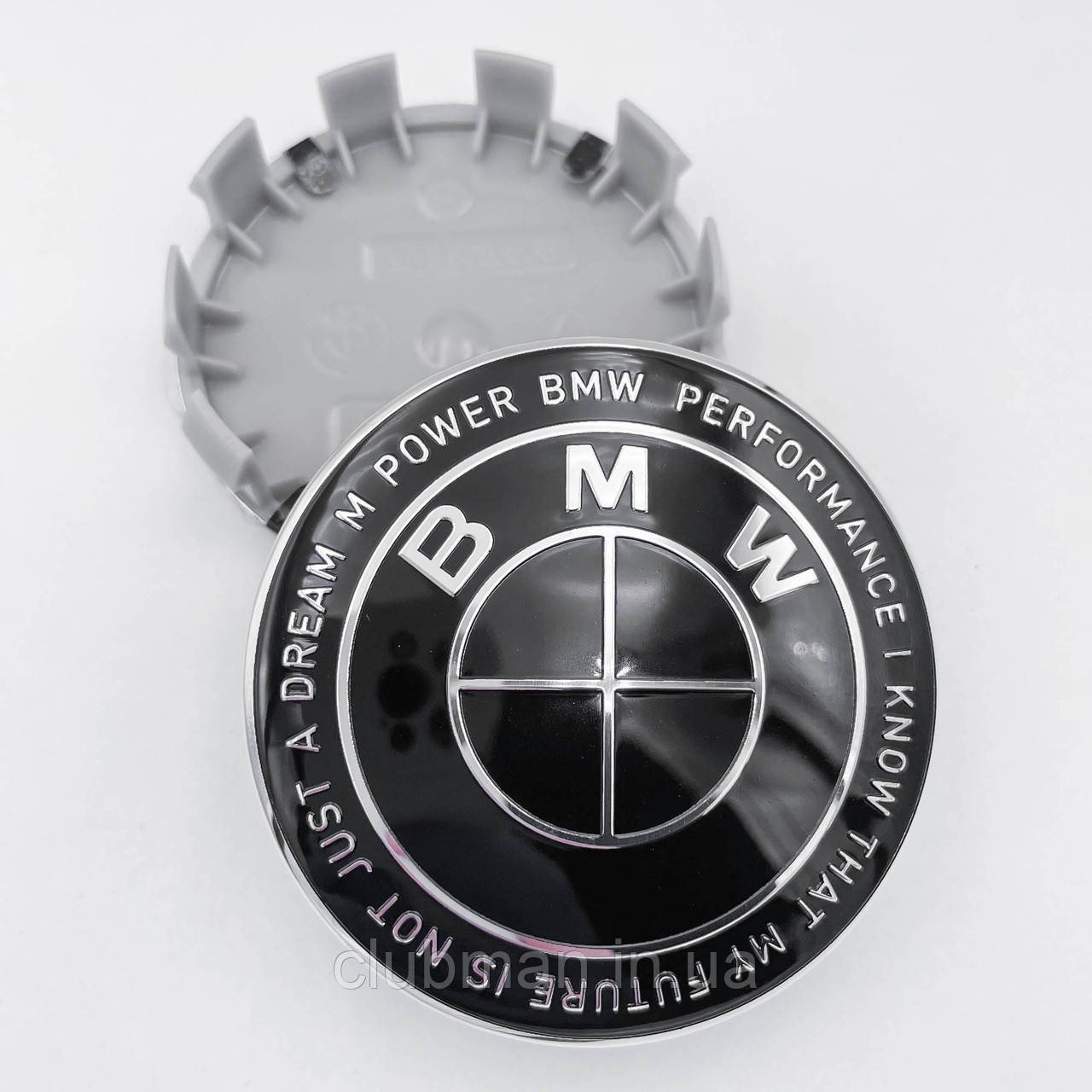 Ковпачки (заглушки) в литі диски Ювілейні 50 років BMW (БМВ) Motorsport (напис по колу) Чорно-Чорні 68 мм