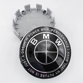 Ковпачки (заглушки) в литі диски Ювілейні 50 років BMW (БМВ) Motorsport (напис по колу) Чорно-Чорні 68 мм