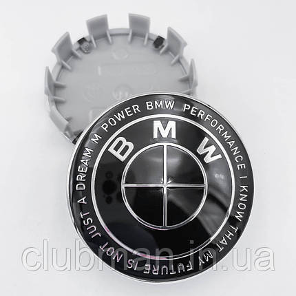 Ковпачки (заглушки) в литі диски Ювілейні 50 років BMW (БМВ) Motorsport (напис по колу) Чорно-Чорні 68 мм, фото 1