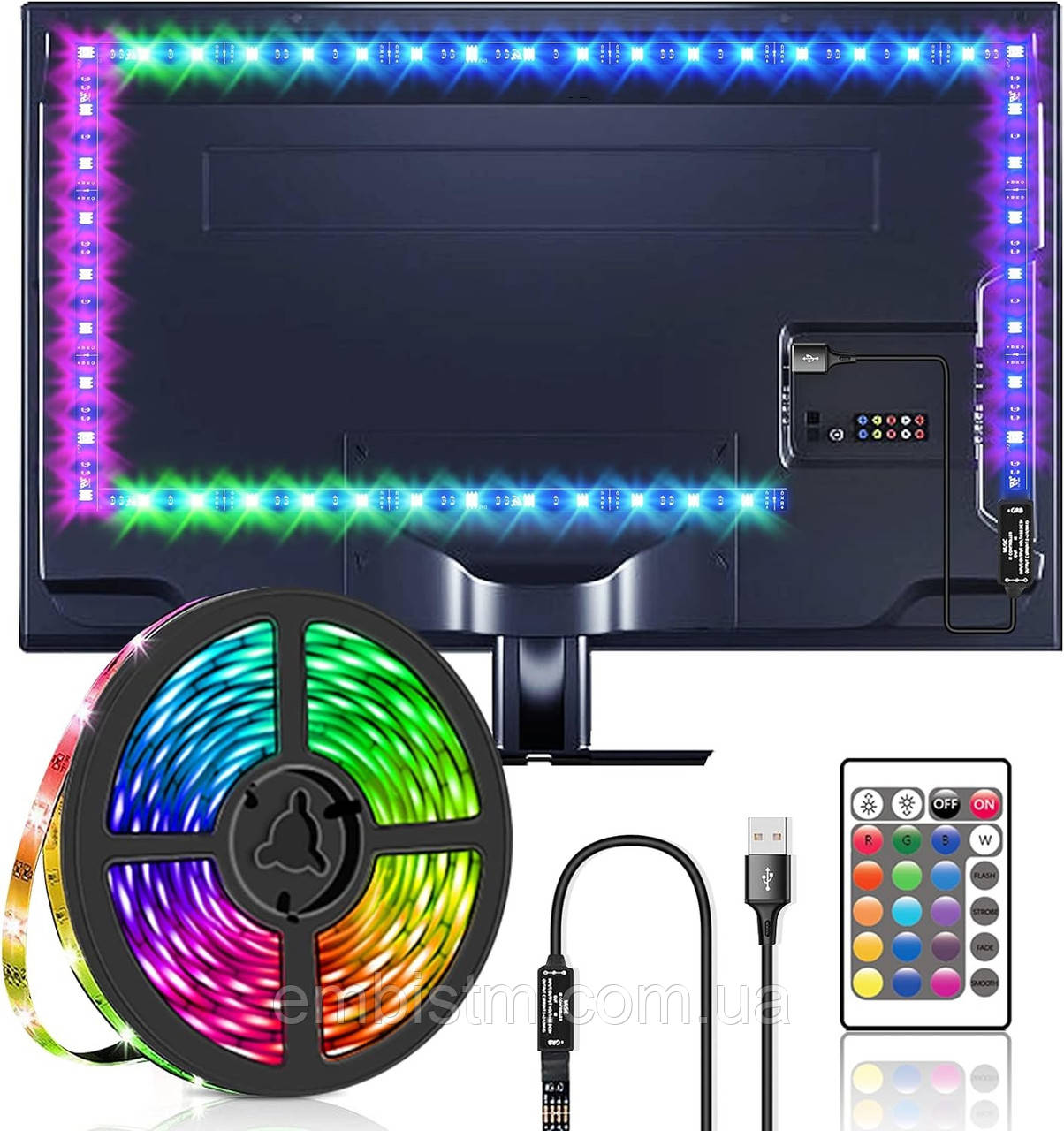 Розумна світлодіодна багатобарвна стрічка TV LED Strip CB 5050 SMD RGB 5 м USB 5 вольтів з пультом і блоком живлення