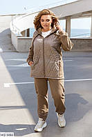 Теплий зимовий спортивний костюм жіночий стильний зручний з довгою кофтою на блискавці зі вставками з плащової тканини