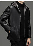 Дубленка мужская зимняя кожаная куртка на меху c капюшоном молодежная Турция