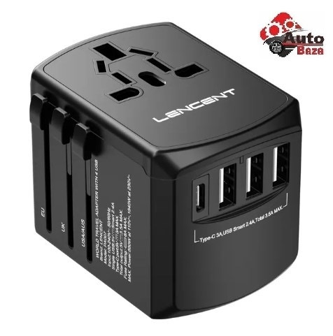 Адаптер живлення Дорожній з вилкою та 3 портами USB + 1 Type C Port LENCENT для Великобританії / США / ЄС / Австралії