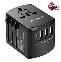 Адаптер живлення Дорожній з вилкою та 3 портами USB + 1 Type C Port LENCENT для Великобританії / США / ЄС / Австралії