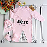 Детский розовый вязаный человечек Босс, комплект с шапкой для новорожденных