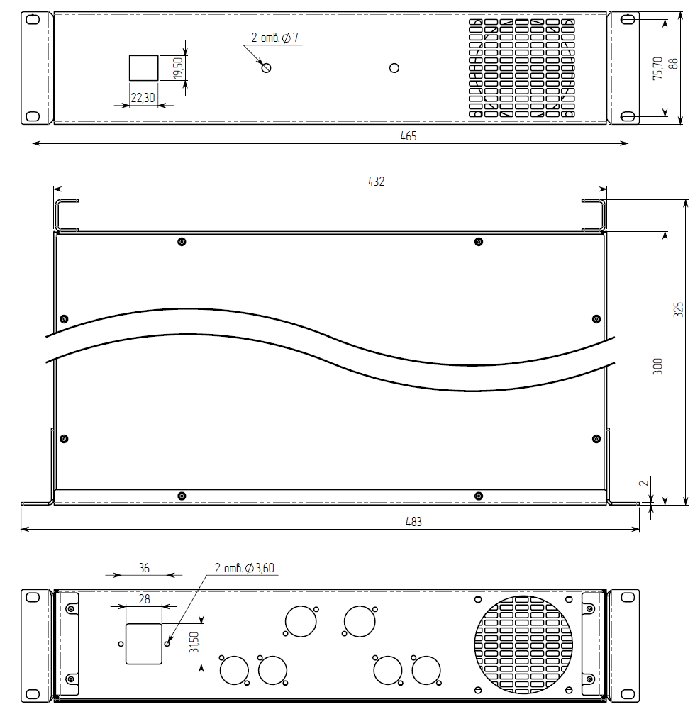 Корпус MiBox для усилителя мощности звука, модель MB-2300v1 (Ш483(432) Г325(300) В88) черный - фото 2 - id-p642002947