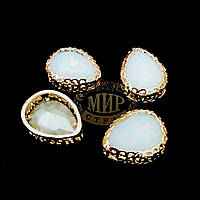 Стразы в ажурных цапах Люкс, форма Капля, цвет White Opal, 10х14мм, 1шт