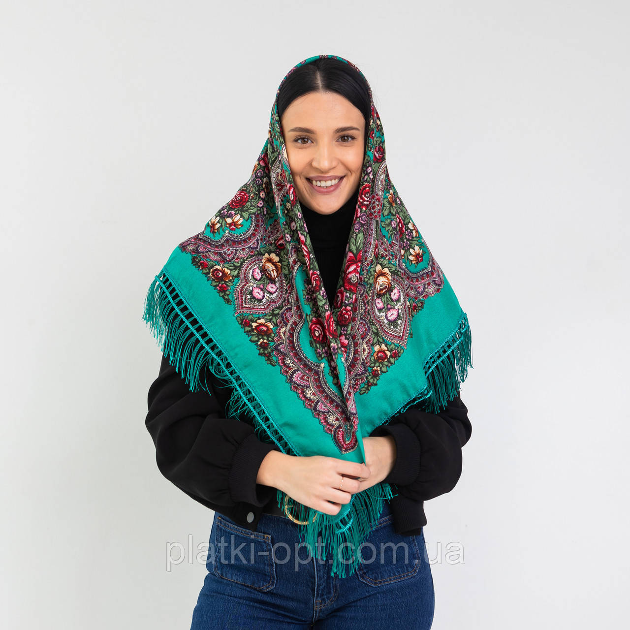 Хустка українська з тороками "Півонія" 100х100 см (бірюзова)