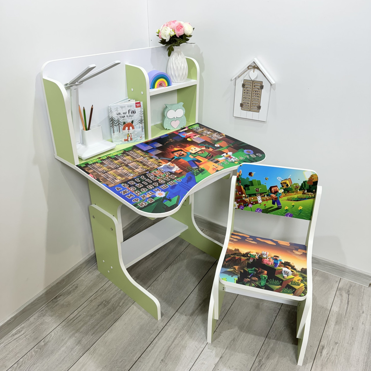 Дитяча парта зі стільчиком регульована 5-13 років Майнкрафт, ШхГхВ 70х45х67-75 см, Зелена - фото 1 - id-p1437776244