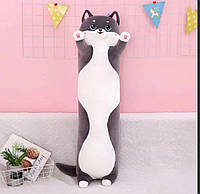 Кот батон темно серый 70 см, Темно серый кот, Длинная мягкая плюшевая игрушка-подушка антистресс.