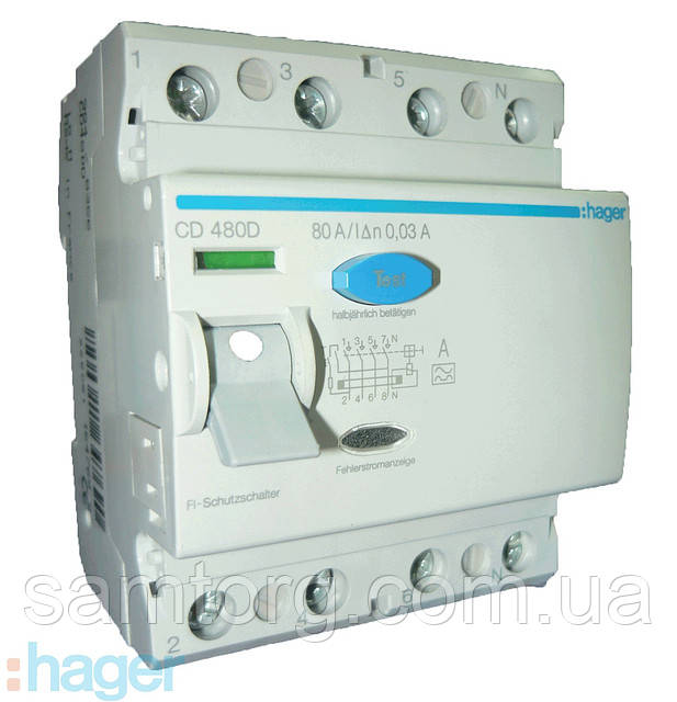 Діфреле HAGER 4-п CD480D 80А струм витоку - 0.03 A "А"