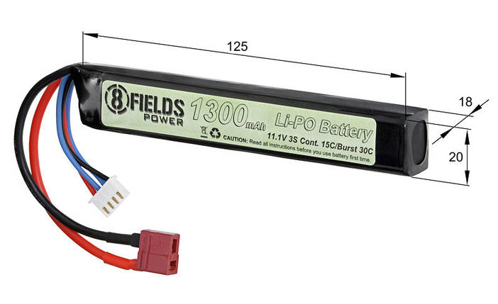 Акумулятор Li-Po 1300mAh 11,1V 15/30C -T-CONNECTOR [8FIELDS] (для страйкболу), фото 3