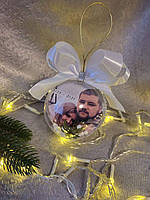 Новорічна іграшка фото куля з двух сторін. Фото-іграшка на ялинку бантик білий 10 см діаметр