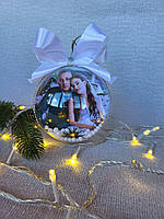 Новорічна іграшка фото куля з двух сторін. Фото-іграшка на ялинку бантик білий 10 см діаметр