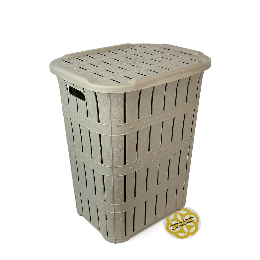 Пластиковий кошик з кришкою для білизни BAMBU, бежевий SNMZ, фото 1