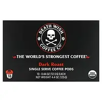 Death Wish Coffee, Самый крепкий в мире кофе, темная обжарка, 10 порционных кофейных капсул, 12,5 г (0,44 в