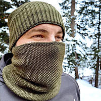 Комплект чоловічий в'язана шапка з хомутом на флісі , теплий зимовий набір шапка снуд , баф 56-60 см Хакі