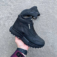 Мужские кожаные ботинки черные Reebok утепленные зимние высокие из натуральной кожи с натуральным мехом