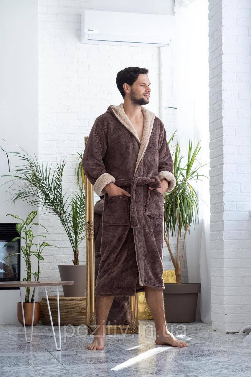 Чоловічий махровий халат із капюшоном банний халат коричневий XL