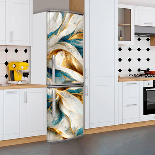 Наклейка на холодильник, текстура під білий мармур із золотом та бірюзою, 180х60 см - Лицьова (В), з ламінуванням