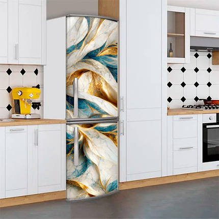 Наклейка на холодильник, текстура під білий мармур із золотом та бірюзою, 180х60 см - Лицьова (В), з ламінуванням, фото 1