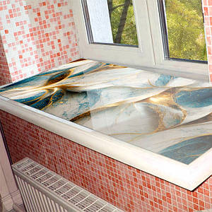 Покриття для підвіконня, м’яке скло з фотодруком під мармур Біло-синій із золотом, 1,2 мм (350х1000)