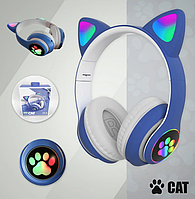 Детские беспроводные наушники LED с кошачьими ушками Cat Ear STN-28 СИНИЕ