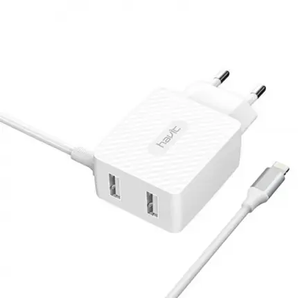 Мережевий зарядний пристрій HAVIT 5W 2USB 5V / 3.1А з кабелем Lightning HV-H143, фото 2