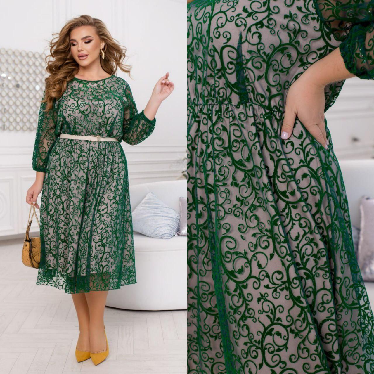 Вечірня жіноча сукня міді зелена з пояском великого розміру (6 кольорів) ЮР/-2485
