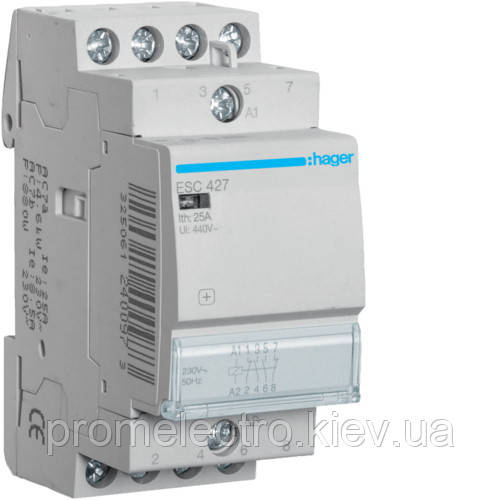 Контактор модульний стандарт 25 А з катушкою на 230 В АС 2НВ+2НЗ, HAGER ESC427