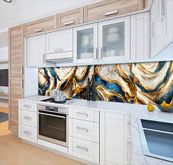 Наклейка на кухонний фартух 60 х 200 см, з фотодруком та захисною ламінацією Мармур синій із золотом та білим
